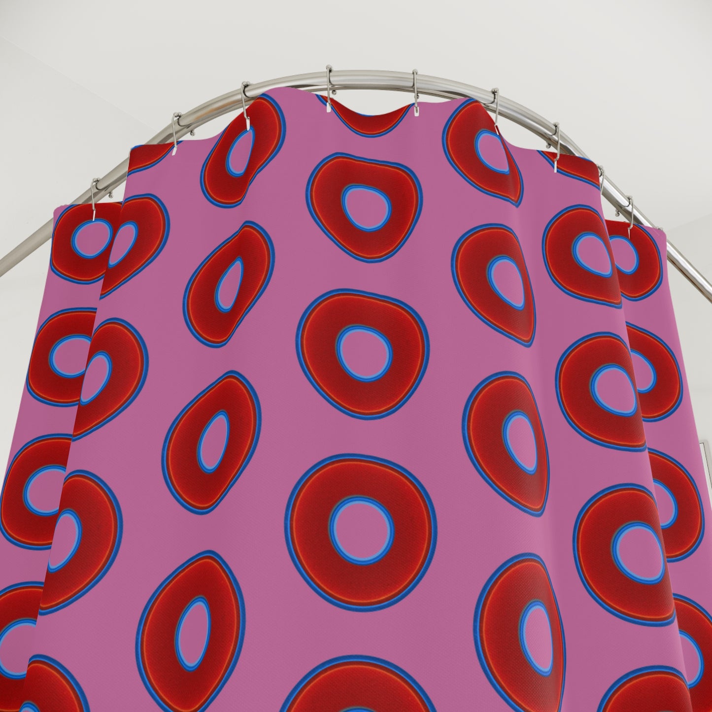 The Curtain With "Donuts" - Lumpy Bath Time Fun - vivid red donuts w/pink background