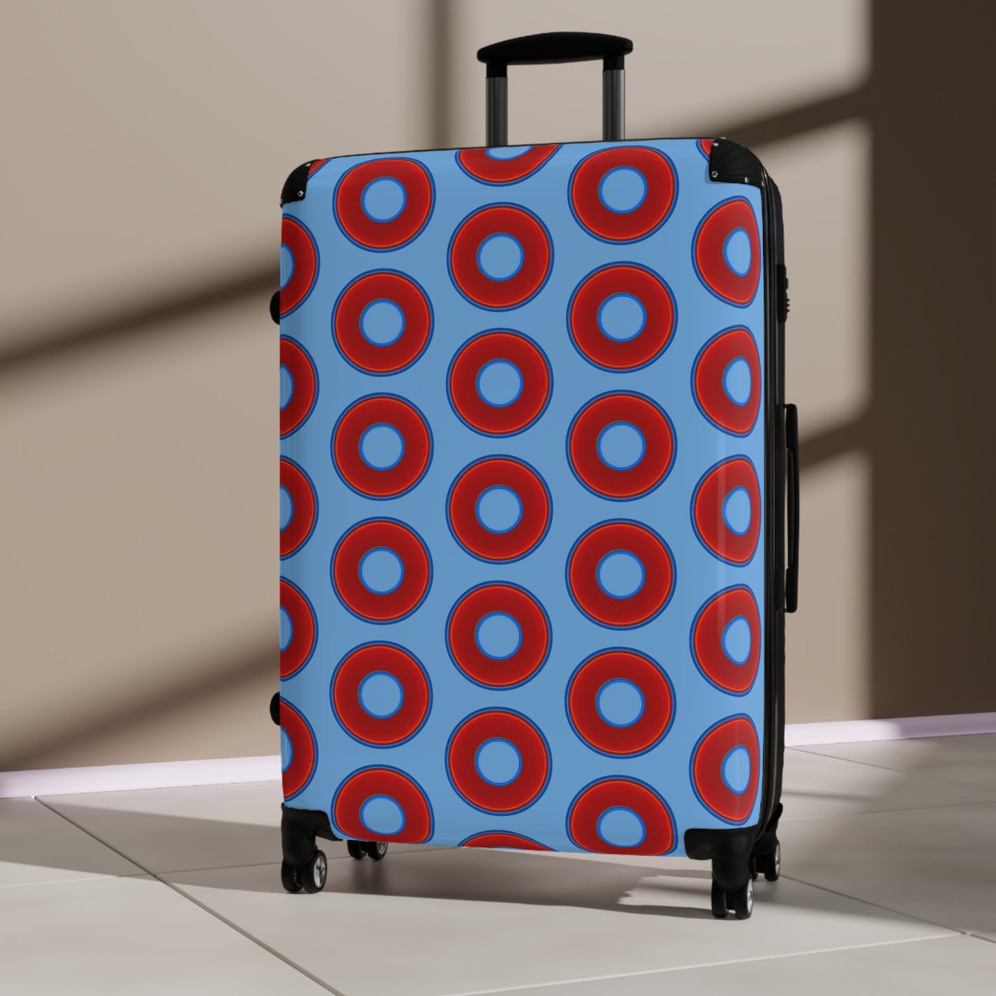 The Very Lumpy Donut Suitcase series - your choice of S, M or L - vivid red donut print w/light blue background