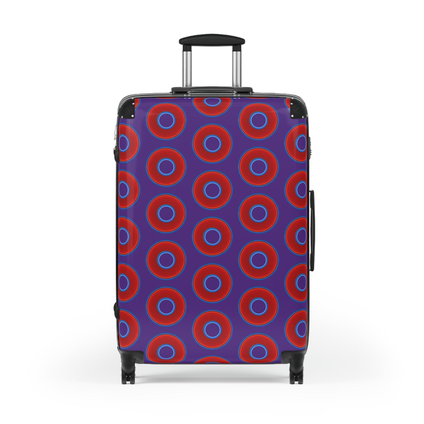 The Very Lumpy Donut Suitcase series - your choice of S, M or L - vivid red donut print w/dark purple background