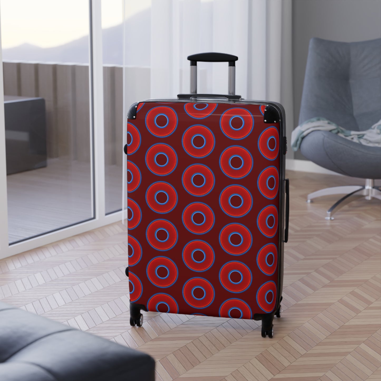 The Very Lumpy Donut Suitcase series - your choice of S, M or L - vivid red donut print w/dark red background