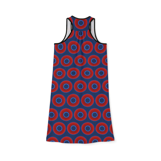 Tela's Lumpy Racerback Donut Dress - red vivid donut print w/Atlantic navy blue background