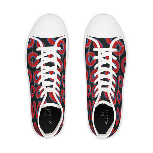 Men's High Top Chucks - large vivid red donut print w/midnight moss green background