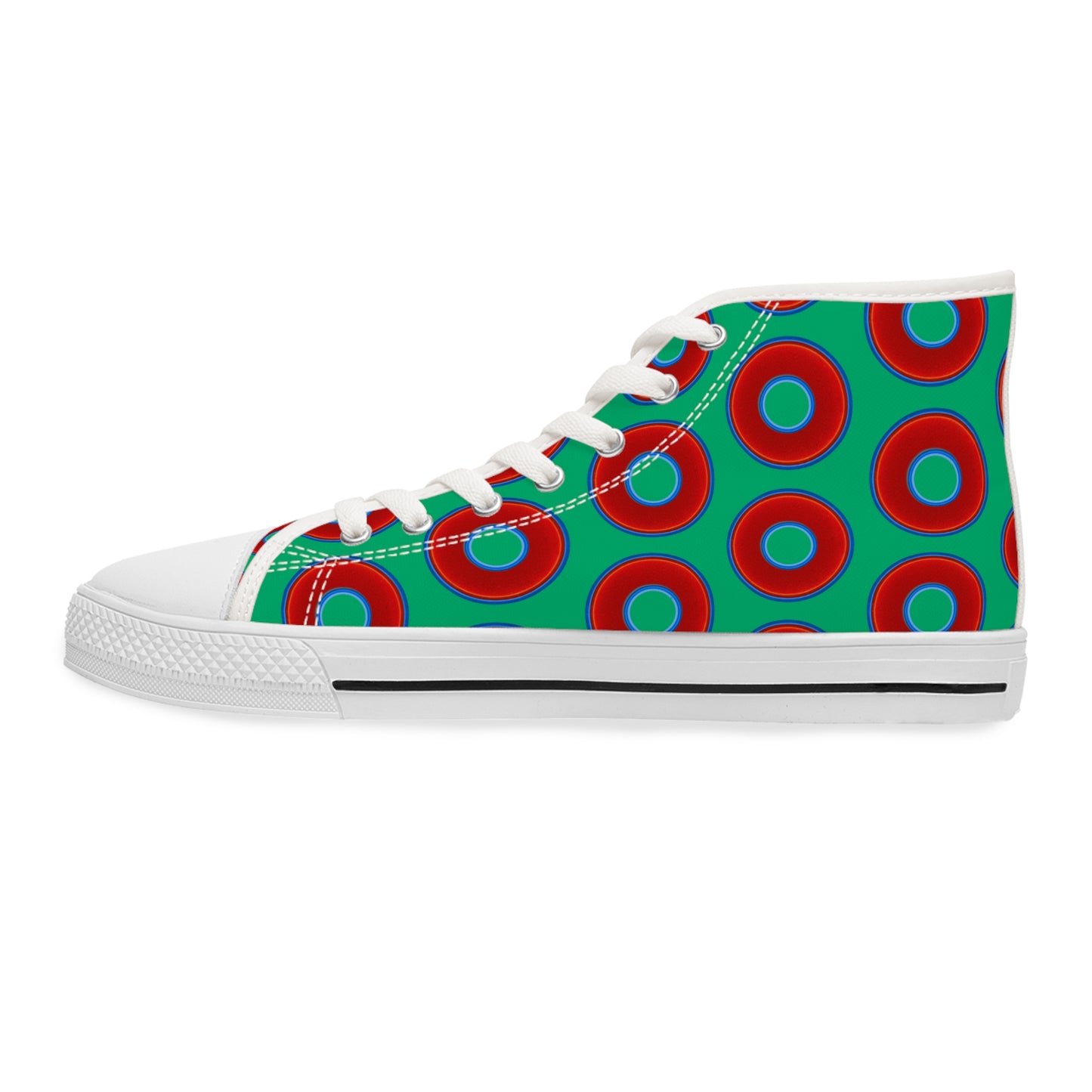 Women's High Top Chuck Taylors - large vivid red donut print w/jade green background