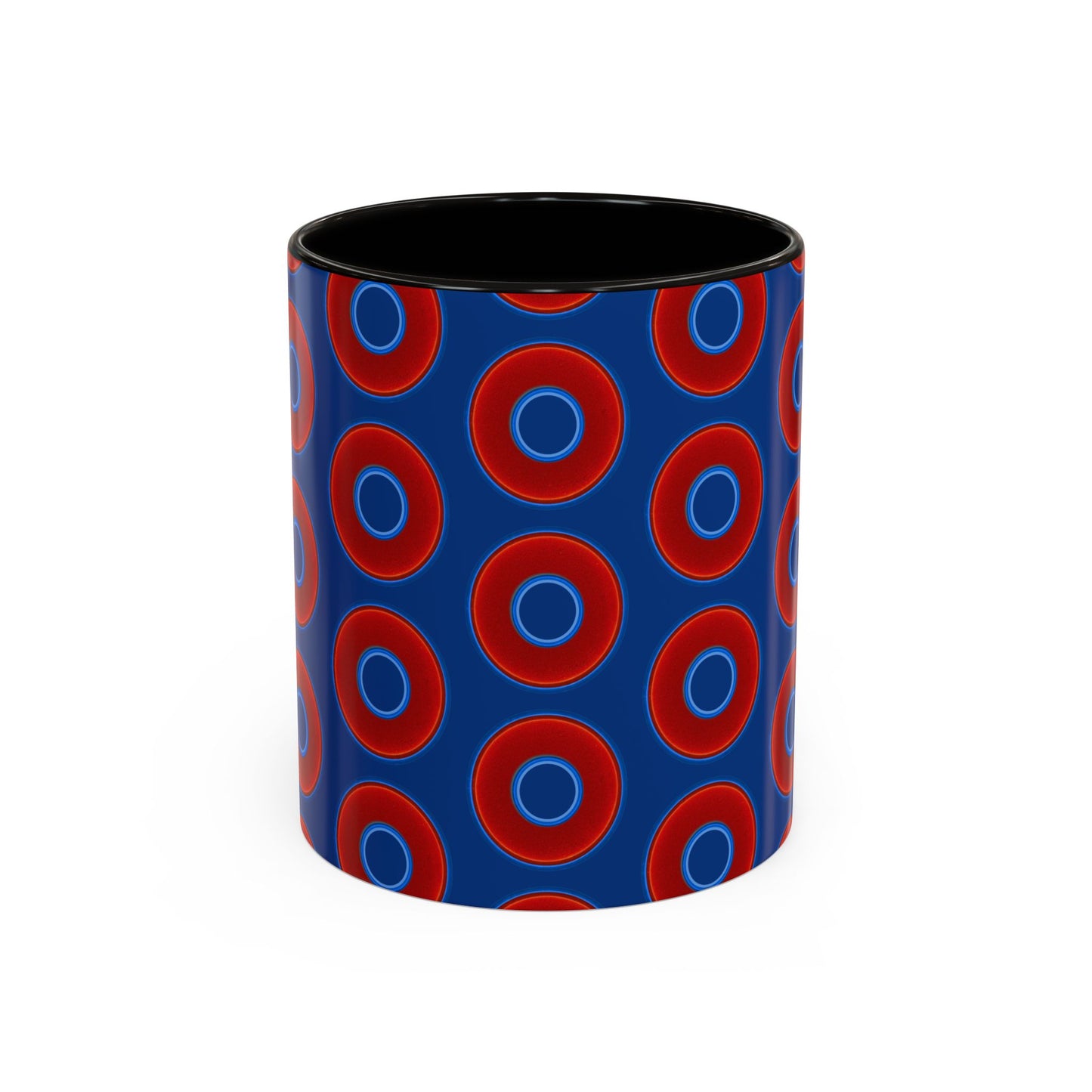 Lump's Grumpy Coffee Mug - vivid red donuts w/dark blue background
