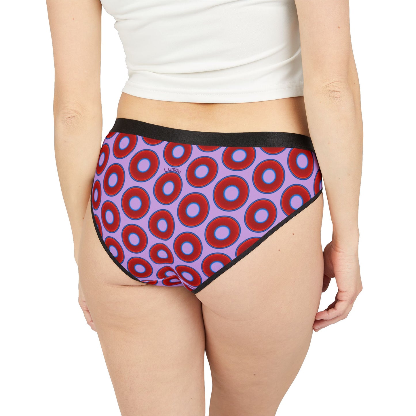 Lumpy Donut Underwear - vivid red donut print w/wisteria purple background