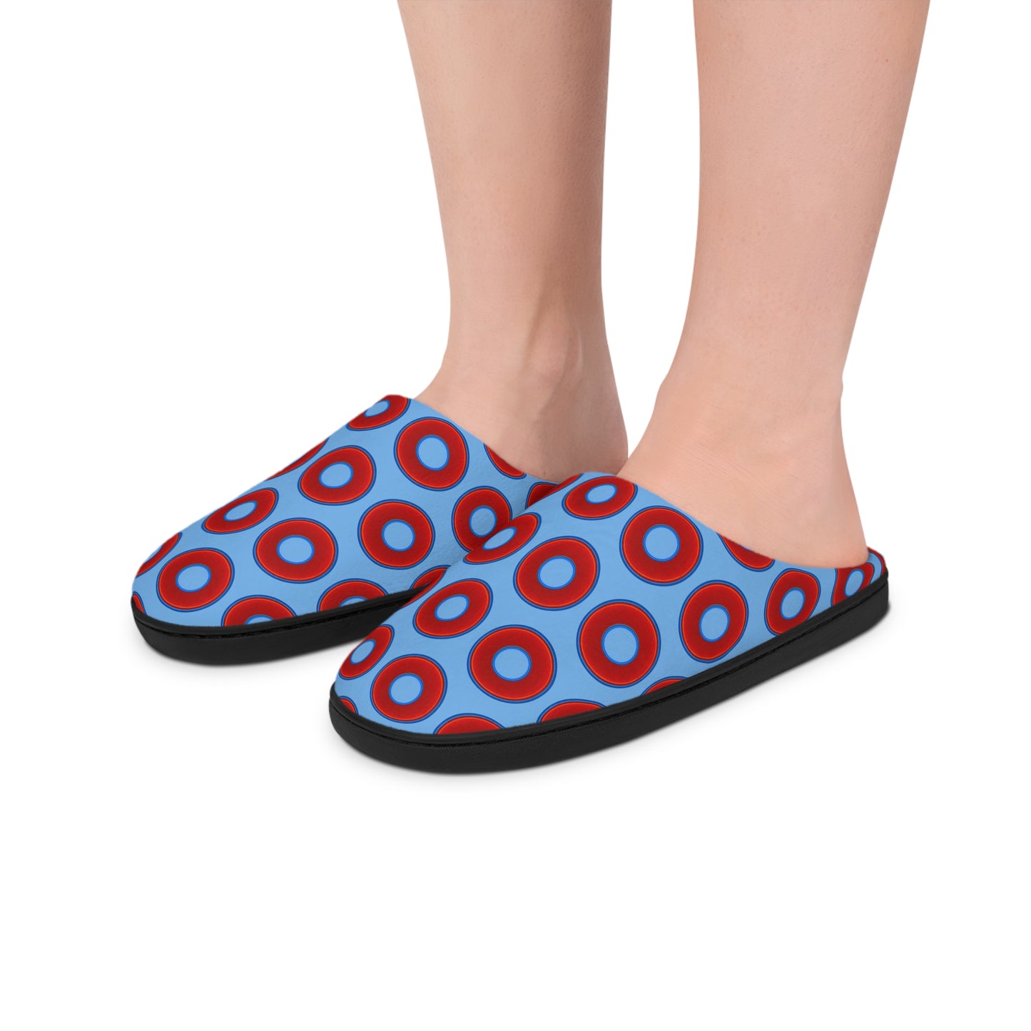Women's Lumpy Slippers - red vivid donut print w/light blue background