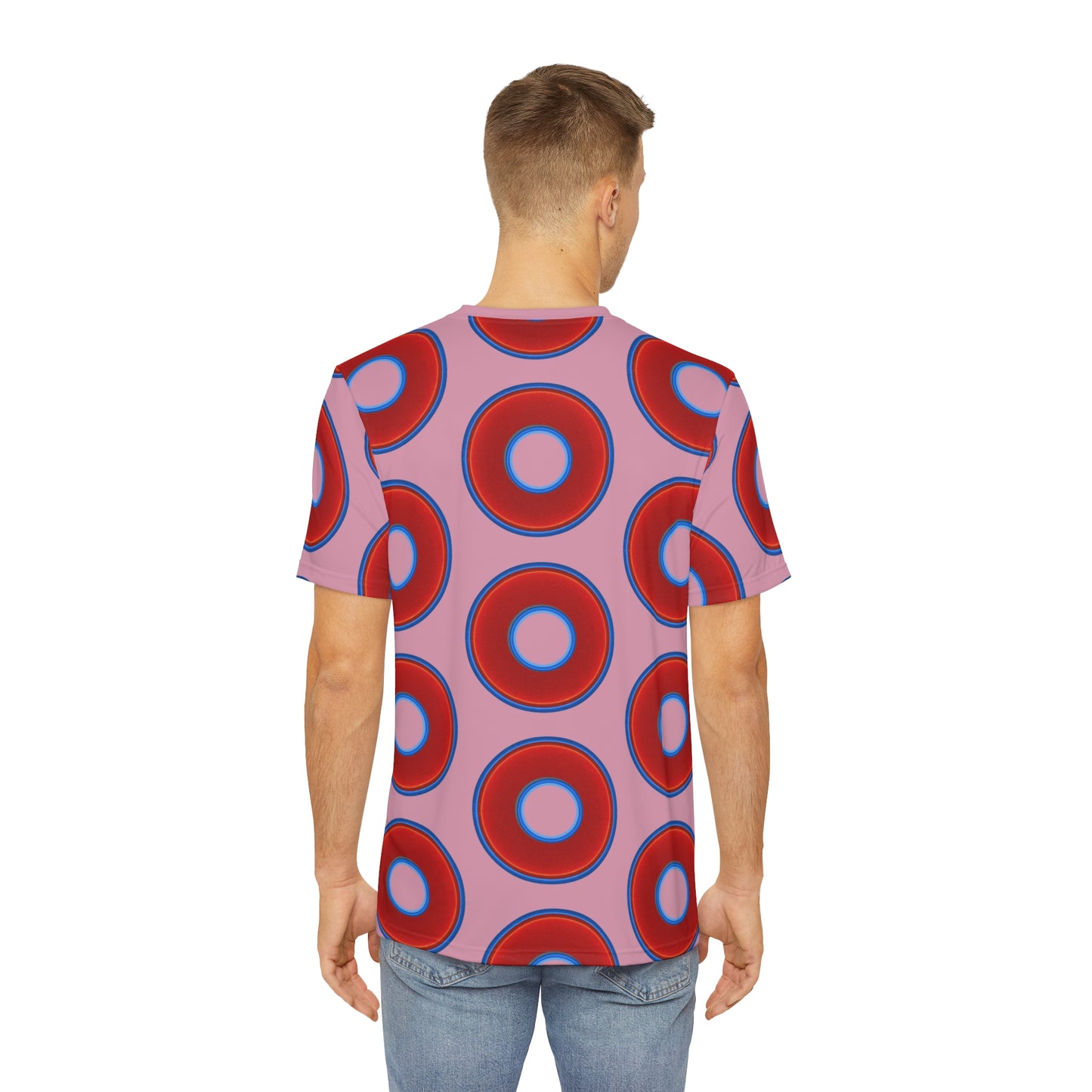Multi-Beastie Giant Donut AOP Polyester Tee - red vivid donut print w/pale magenta background