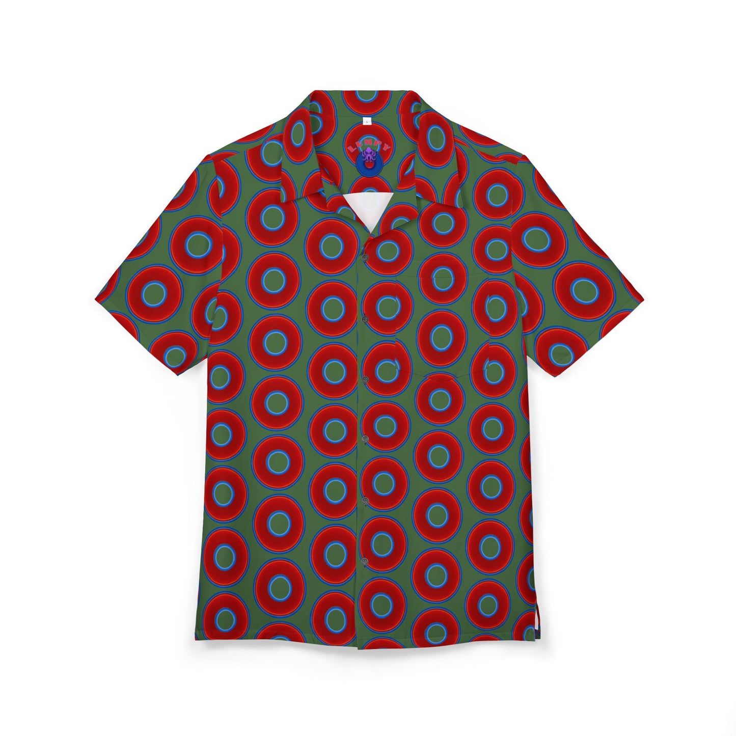 Wilson's 'Epic Hawaiian-Punch' Shirt - vivid red donut print w/dark green background [unisex]