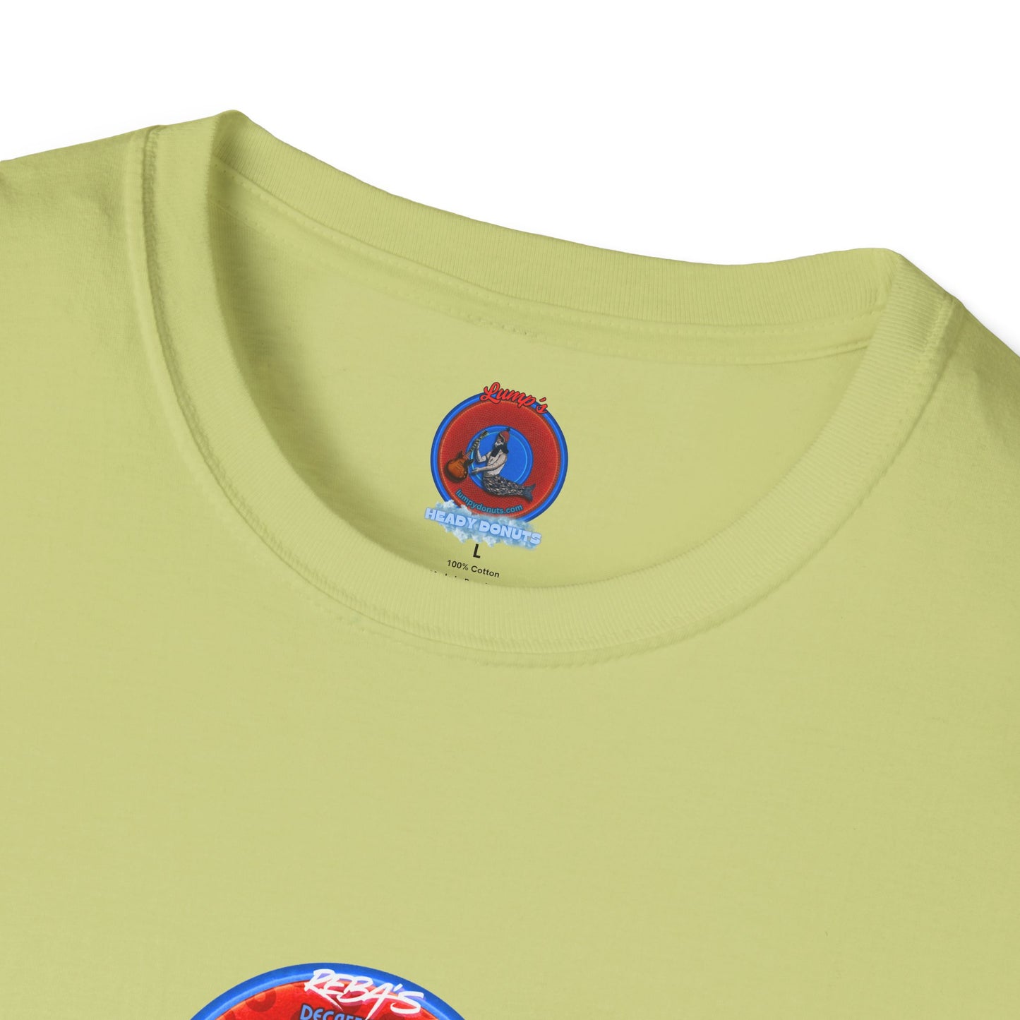 Coffee Traders Tee - Unisex Soft-Style - "Reba's Decaf: Coffee Grounds & Mud " - paradoxical donut - variant 3- front Reba/back logo