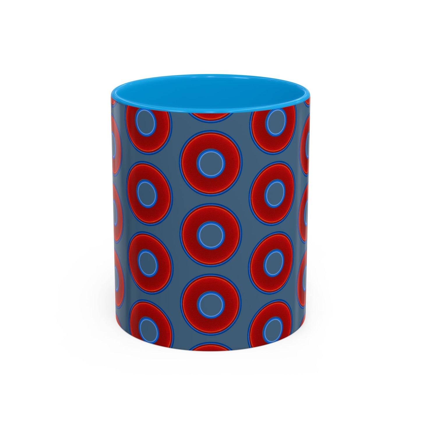 Lump's Grumpy Coffee Mug - vivid red donuts w/steel blue background