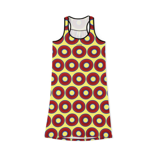 Tela's Lumpy Racerback Donut Dress - red vivid donut print w/yellow background