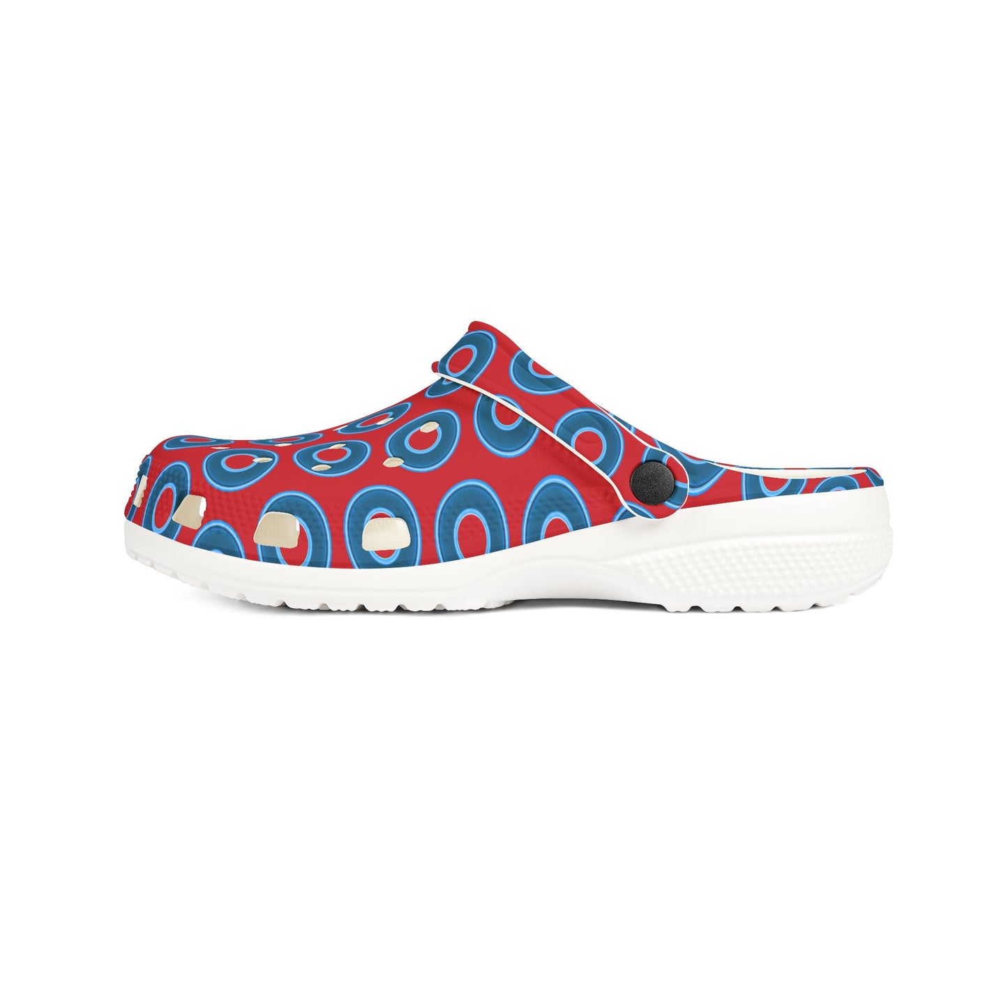Spatchcocks - donut slip-on shoes - blue rustic donuts w/red background [unisex]