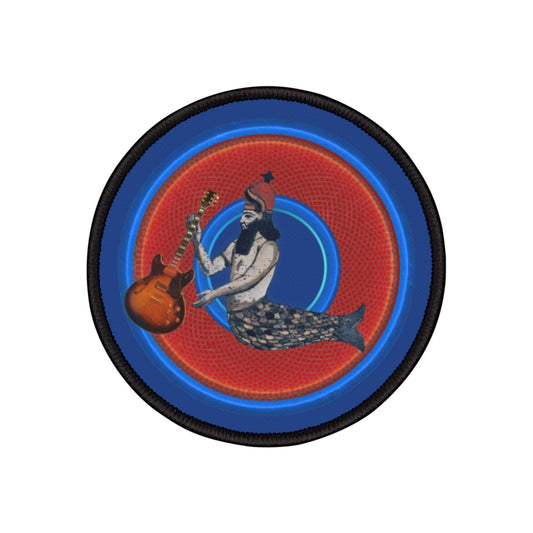 Iron-On Donut Patch - "Doggone Dagon Donut - The 1st Rockstar" - rustic red/blue donut - variant 1