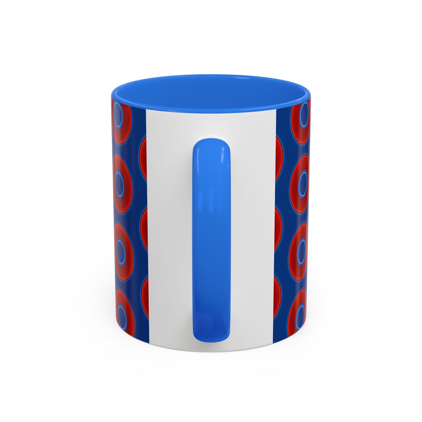 Lump's Grumpy Coffee Mug - vivid red donuts w/dark blue background