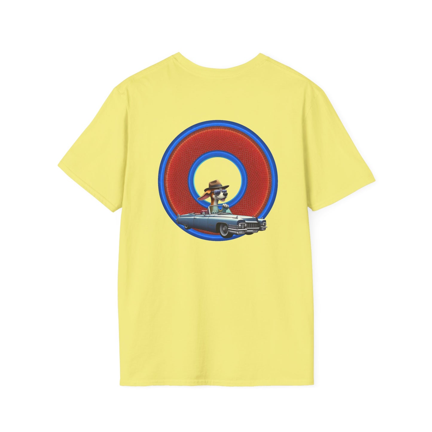 Classic Donut Tee - Unisex Soft-Style - "Jimmy's Marathon Donut Tee" - series 1.0  - variant 1 - rustic red/blue donut