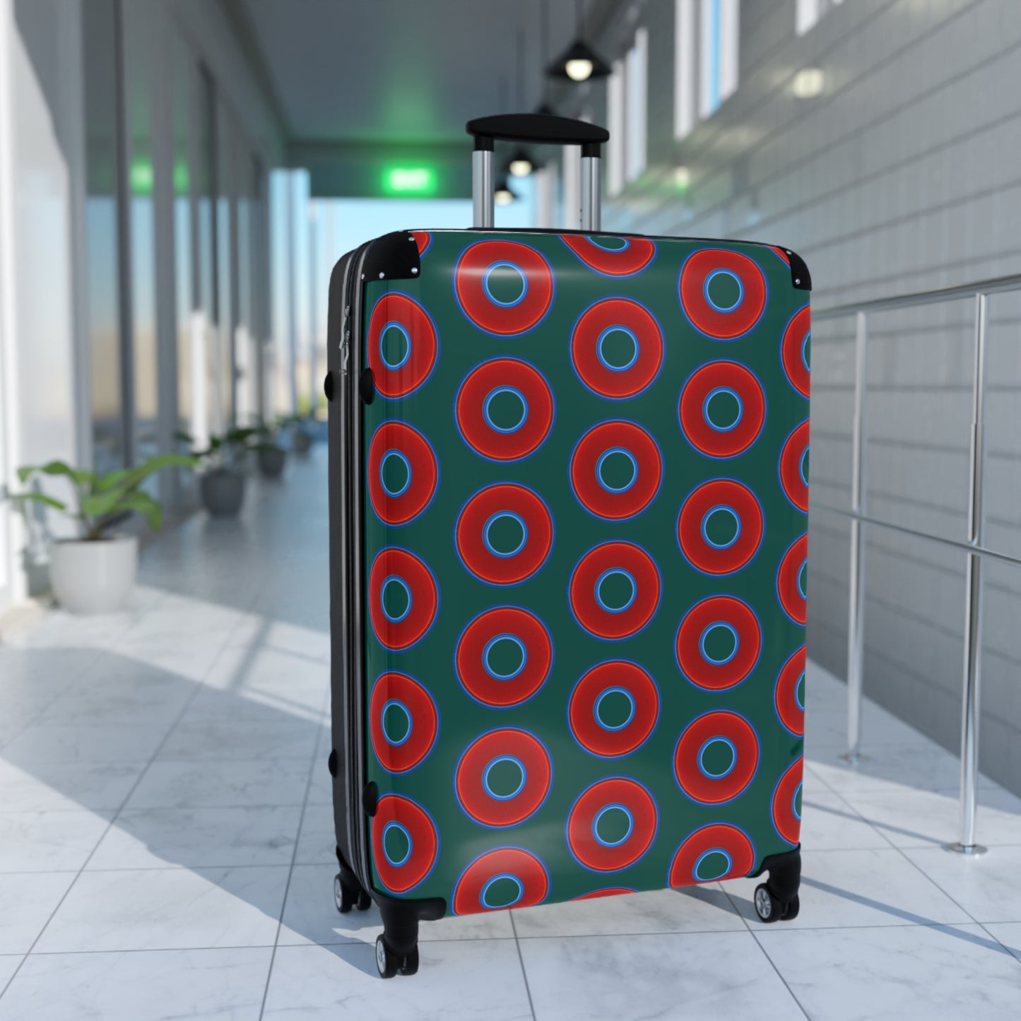 The Very Lumpy Donut Suitcase series - your choice of S, M or L - vivid red donut print w/grayish green background