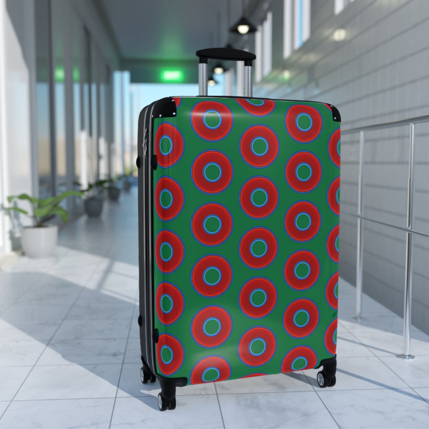 The Very Lumpy Donut Suitcase series - your choice of S, M or L - vivid red donut print w/green background