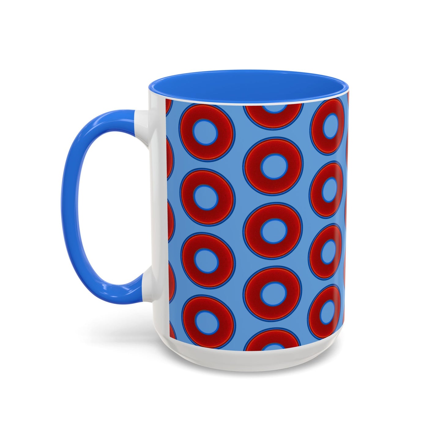 Lump's Grumpy Coffee Mug - vivid red donuts w/light blue background