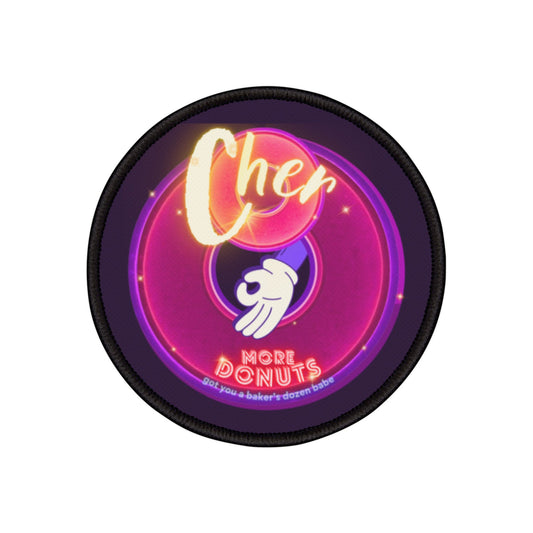 Iron-On Donut Patch - "Cher-ing is Caring Donut Patch" - vivid magenta/purple donut - variant 1 - [*Charitable Donut]