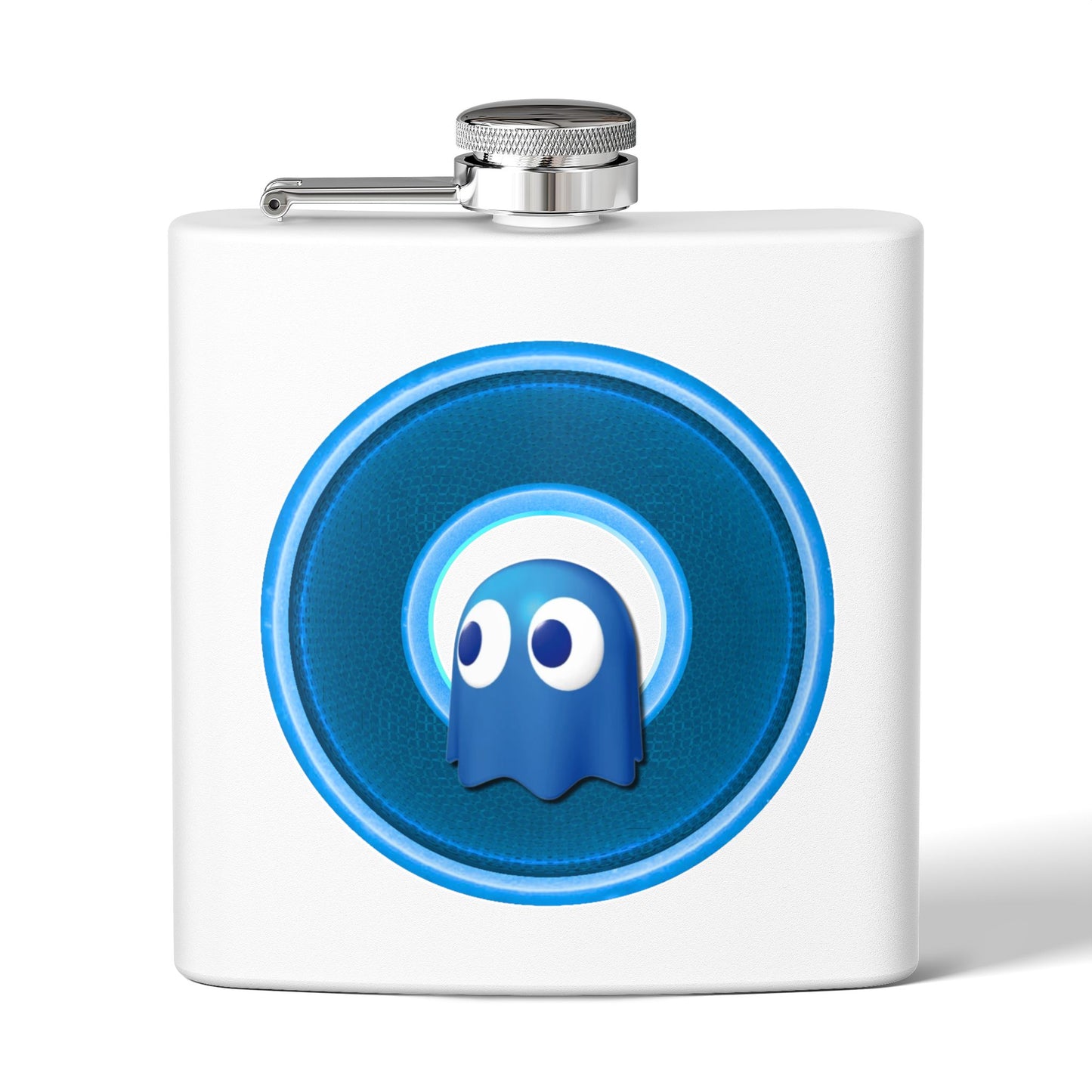 Lump's Donut Flask 6 oz -  "The Storied Donut Flask" - variant 2 - blue/light blue rustic donut - [*w/your choice of 6 backgrounds]