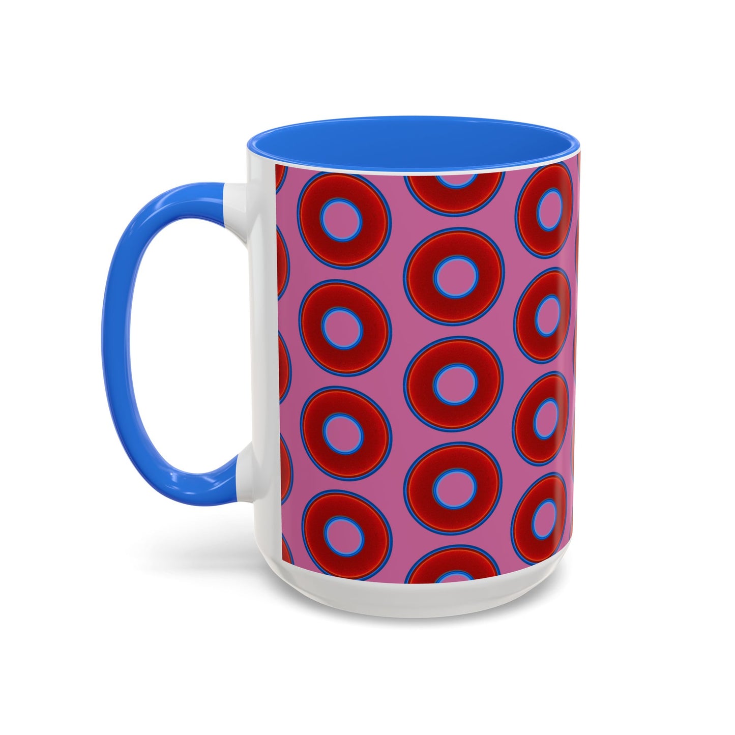 Lump's Grumpy Coffee Mug - vivid red donuts w/pink background
