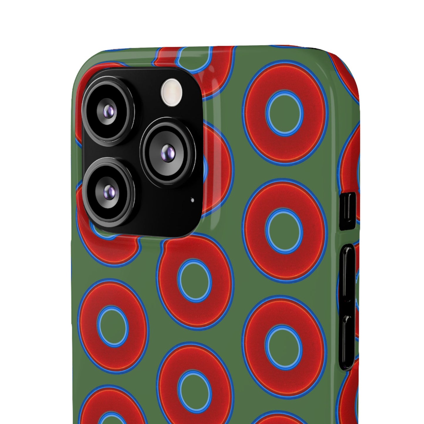 Lumpy Donut Snap Case - red vivid donut print w/dark green background