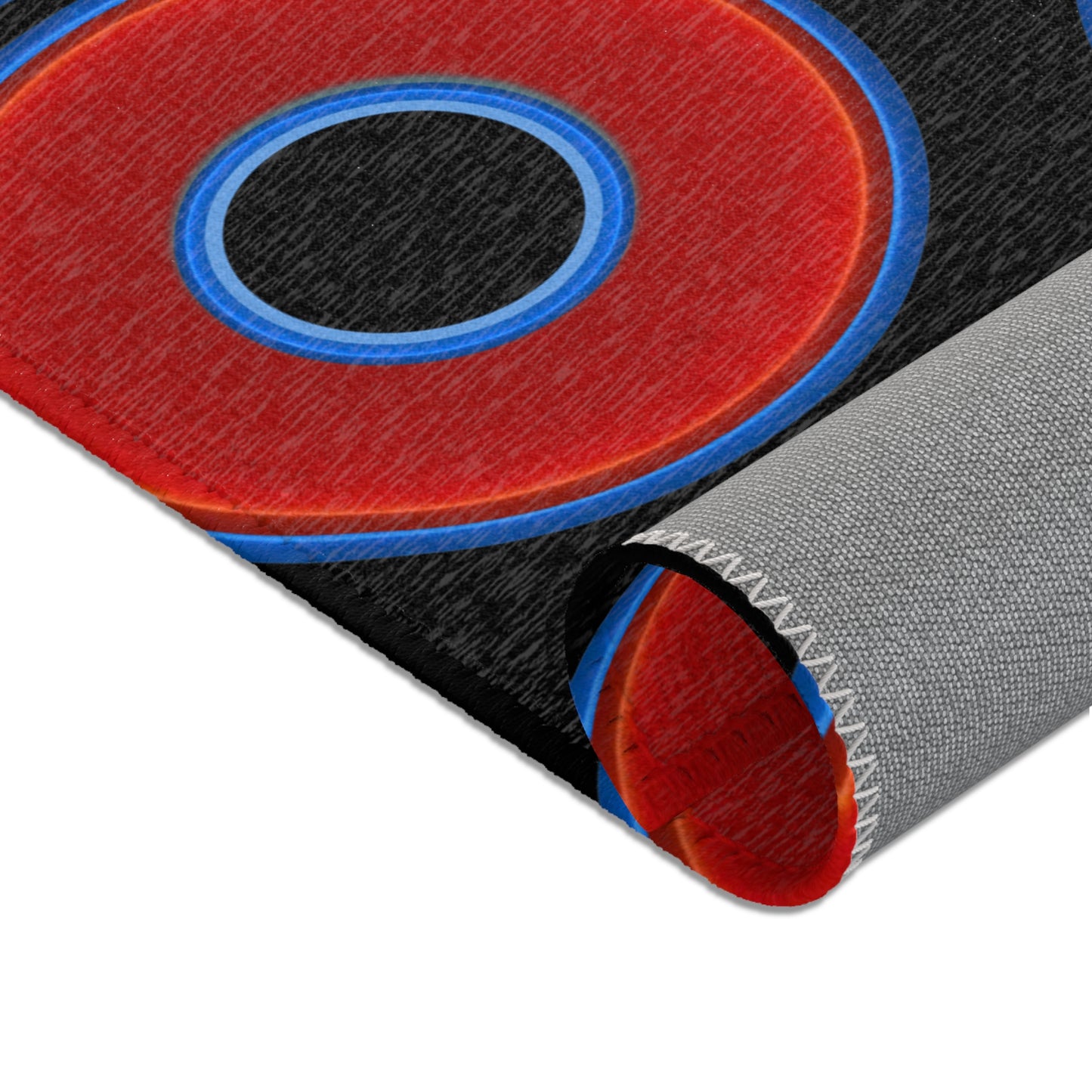 Lumpy Donut Print Rug - choice of 3 sizes - vivid red donut print w/black background