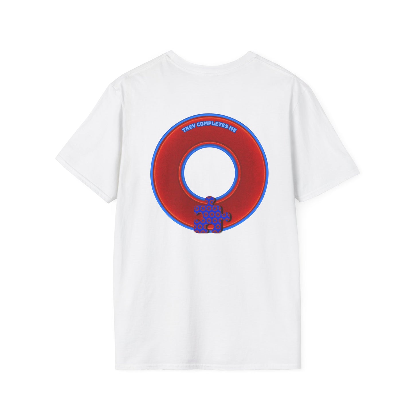 Classic Donut Tee - Unisex Soft-Style - "Trey's Completed Donut" - vivid red/blue donut