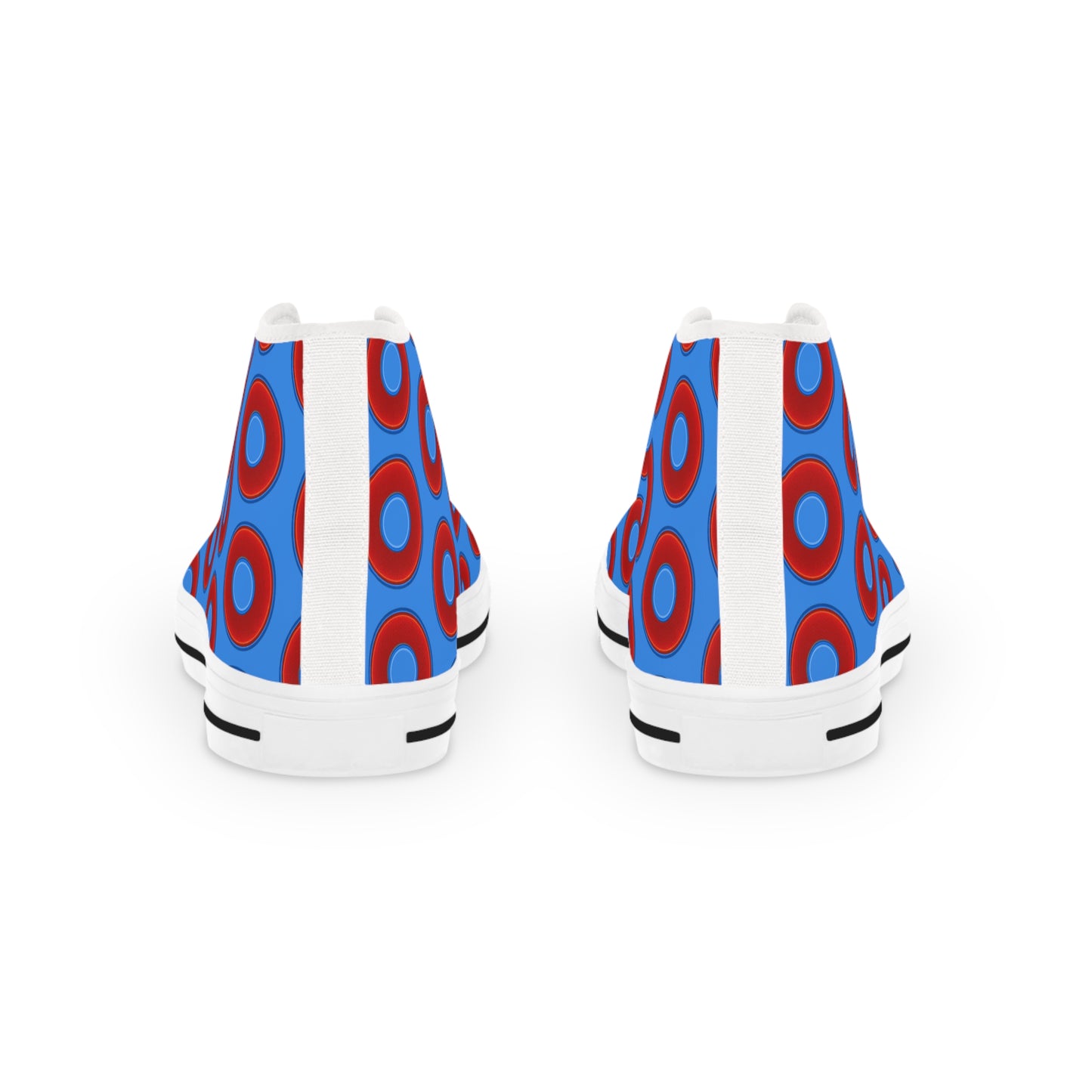 Men's High Top Chucks - large vivid red donut print w/light royal blue background