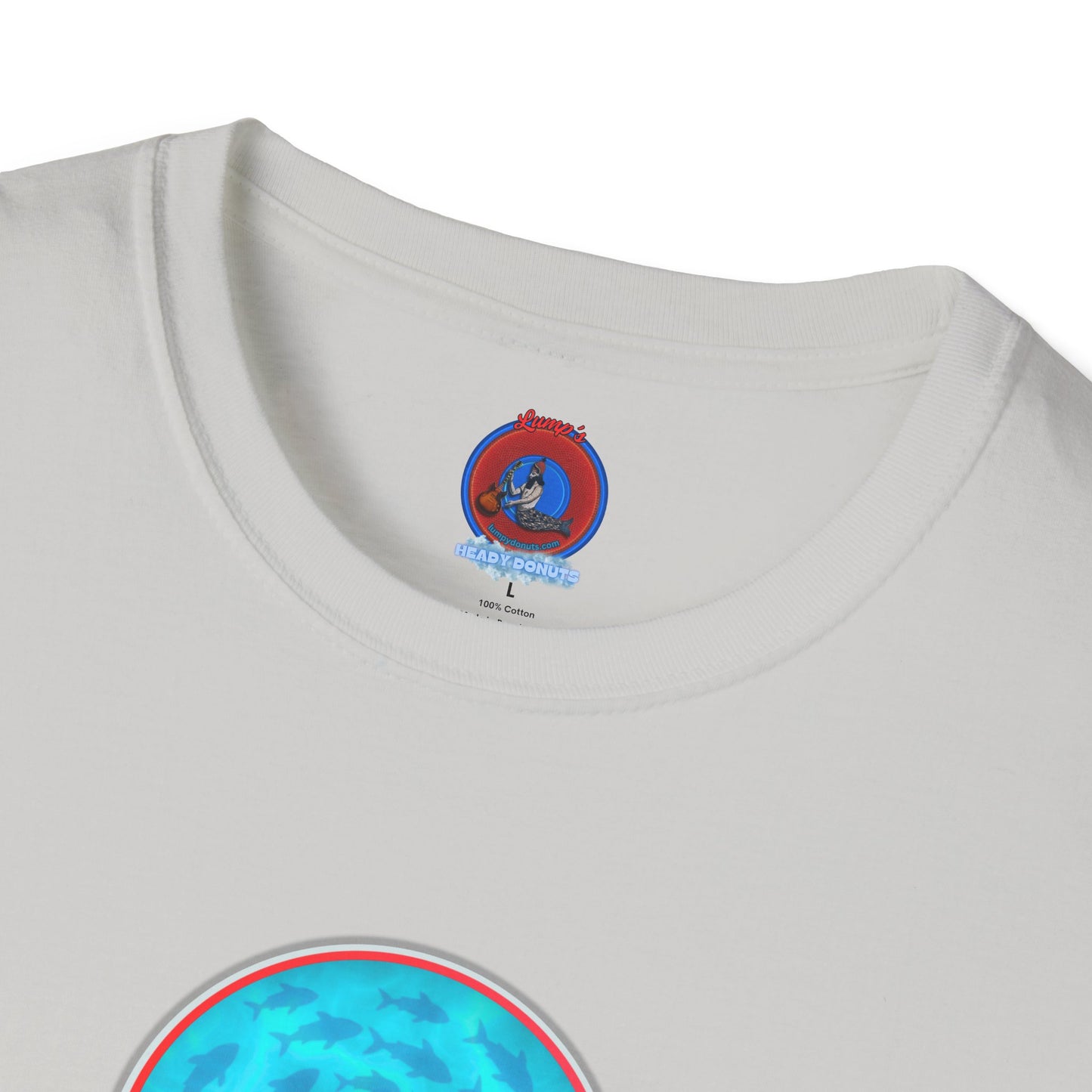 Classic Donut Tee - Unisex Soft-Style - "Skoolie of Phishies" - vivid sea donut - w/light blue water - variant 1