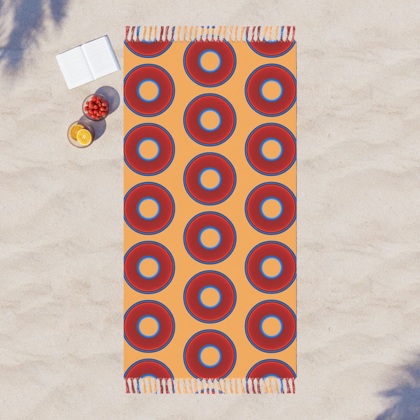 Oversized Lumpy Beach Towel - vivid red donuts w/creamsicle orange background