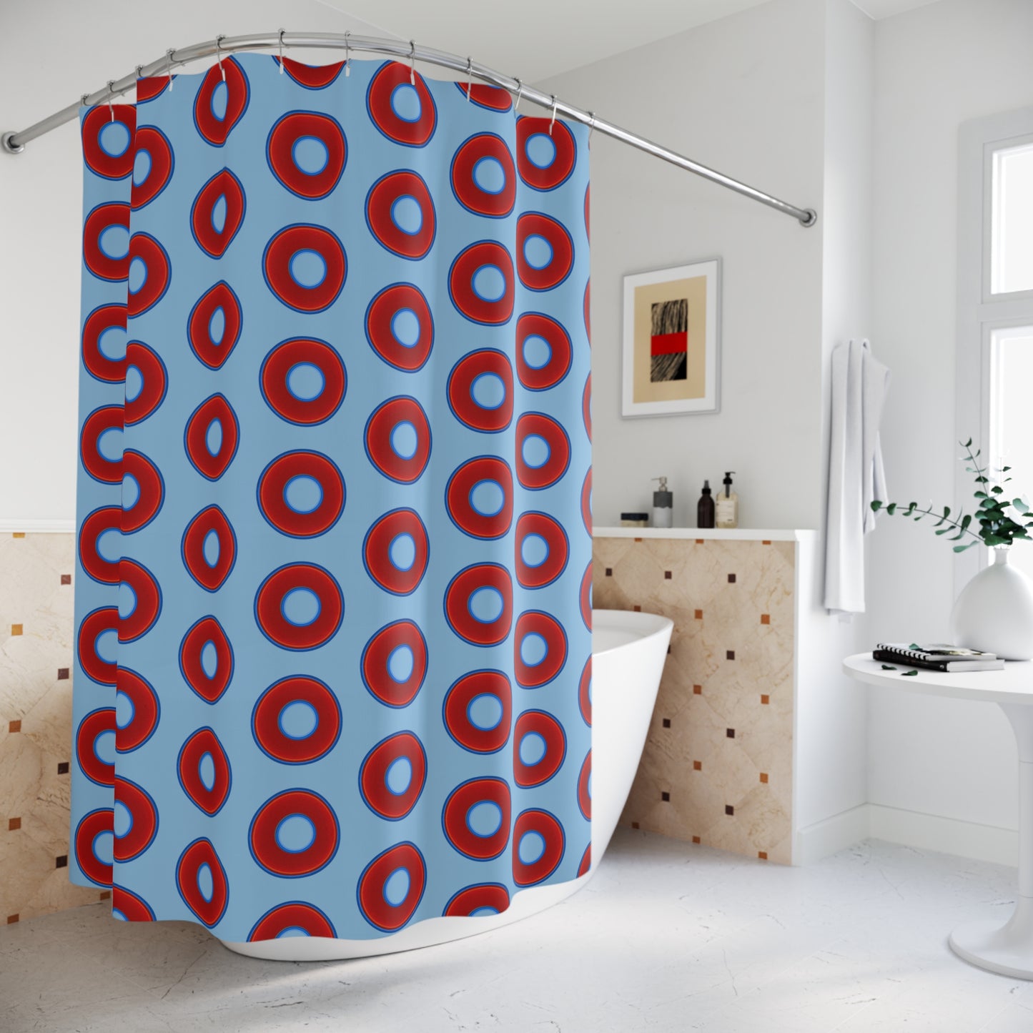 The Curtain With "Donuts" - Lumpy Bath Time Fun - vivid red donuts w/sky blue background