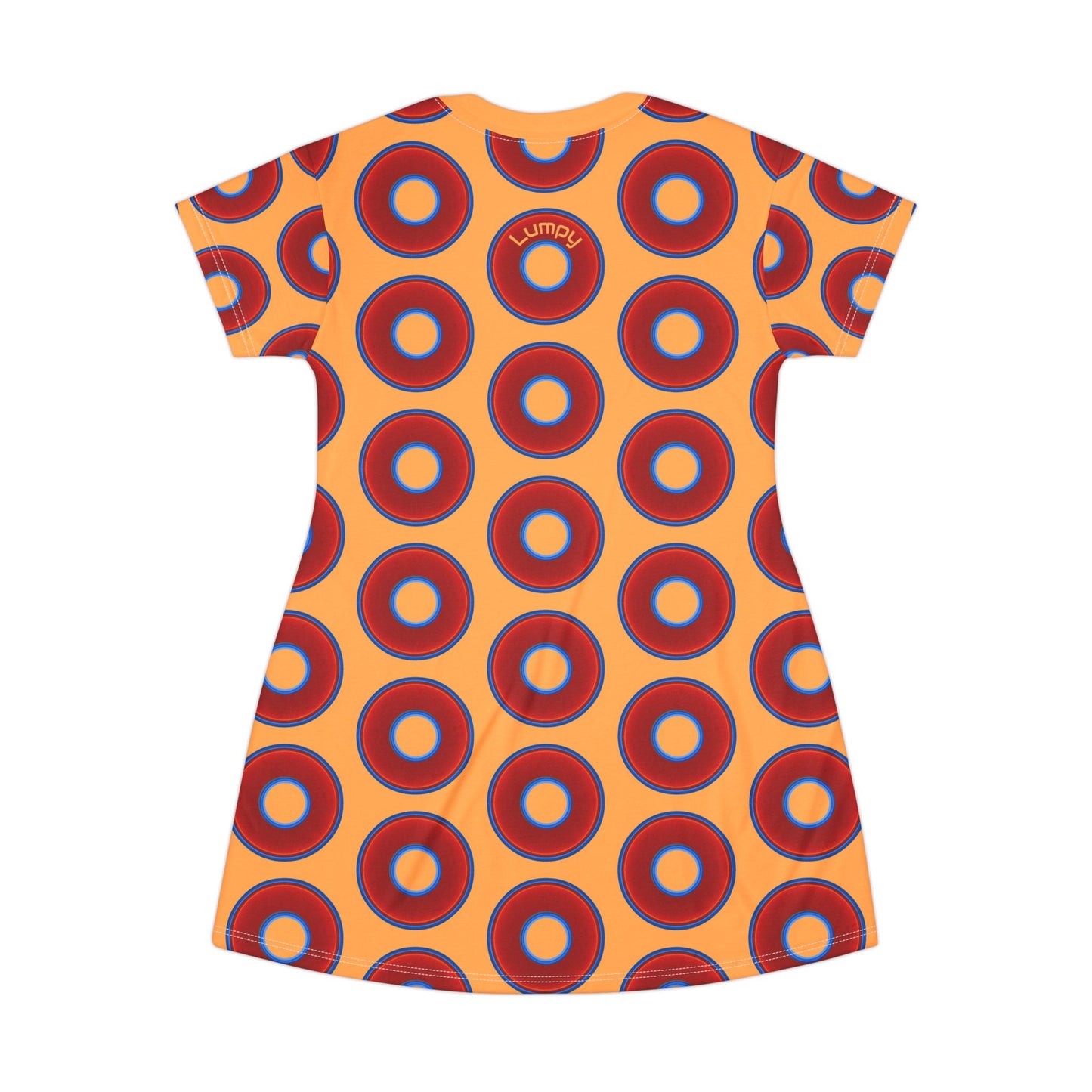 Not a Muumuu AOP Tee Shirt Dress - red vivid donuts w/creamsicle orange background