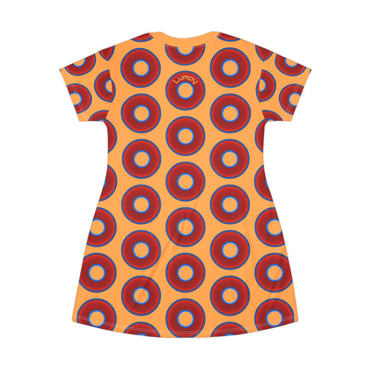 Not a Muumuu AOP Tee Shirt Dress - red vivid donuts w/creamsicle orange background