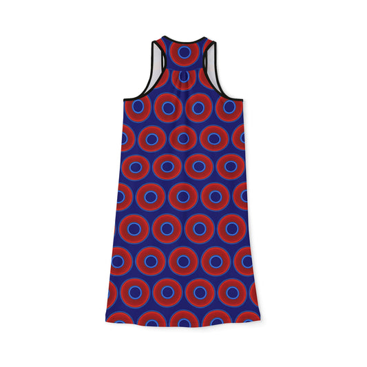 Tela's Lumpy Racerback Donut Dress - red vivid donut print w/vivid navy blue background
