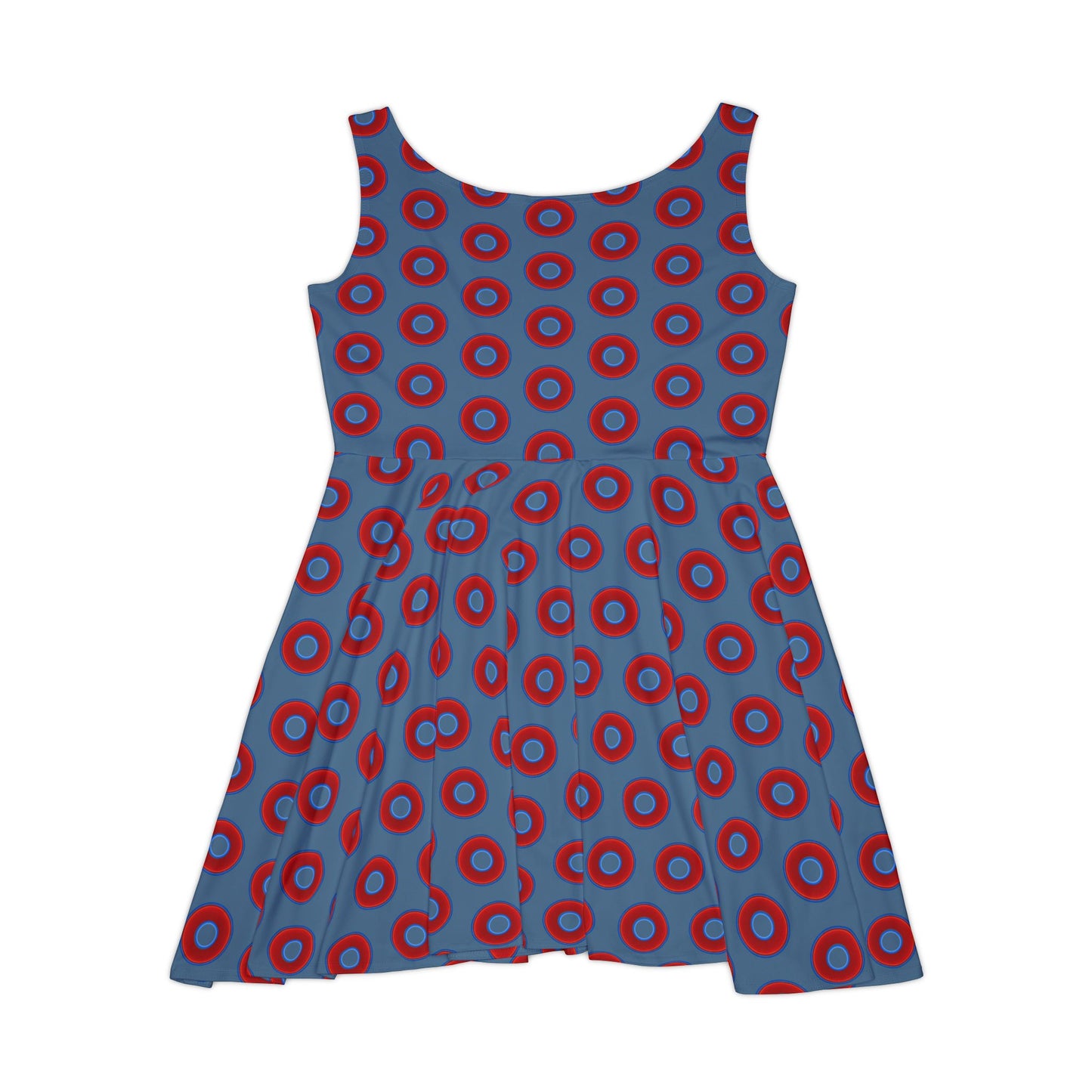 Women's Skater Donut Dress - vivid red donut print w/steel blue background