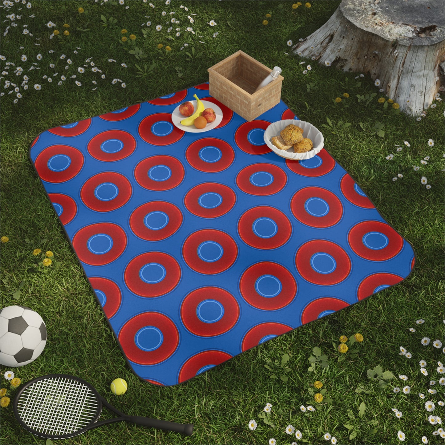 The Lumpy Party Blanket - giant water-resistant outdoor blanket [61" x 51"] - vivid red donuts w/dark royal blue background