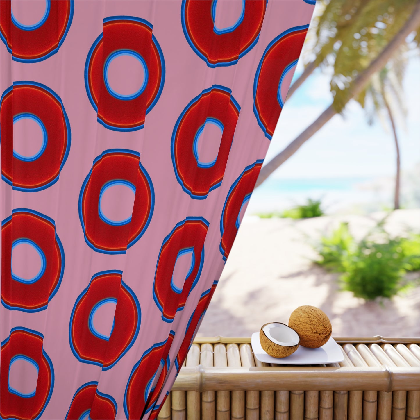 Lump's Heady Curtain w/Donuts - vivid red donut print - w/pale magenta background - [*1 Piece / 50" x 84"]