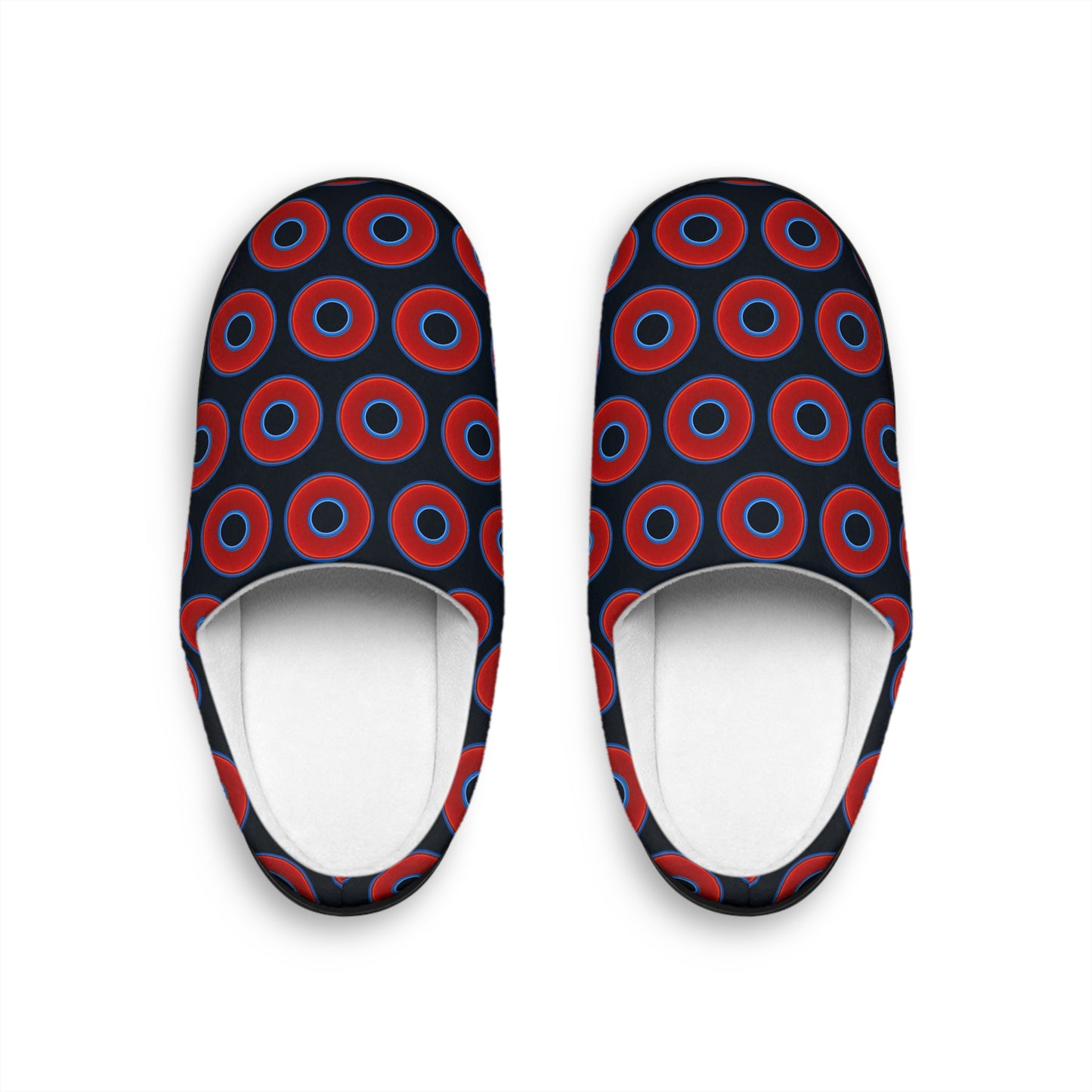 Women's Lumpy Slippers - red vivid donut print w/blue charcoal background