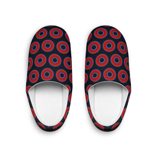 Women's Lumpy Slippers - red vivid donut print w/blue charcoal background