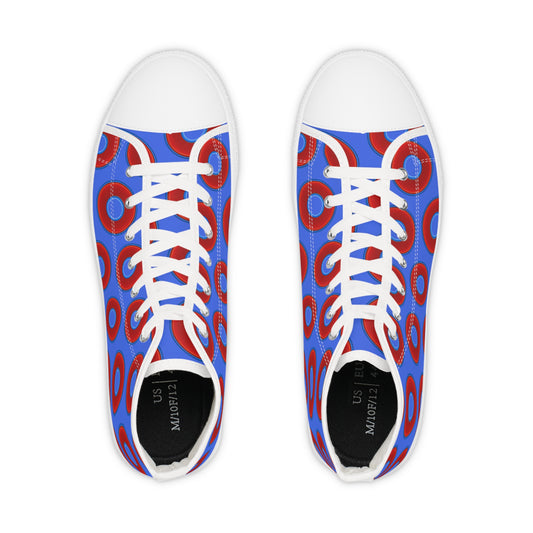 Men's High Top Chucks - large vivid red donut print w/royal blue background