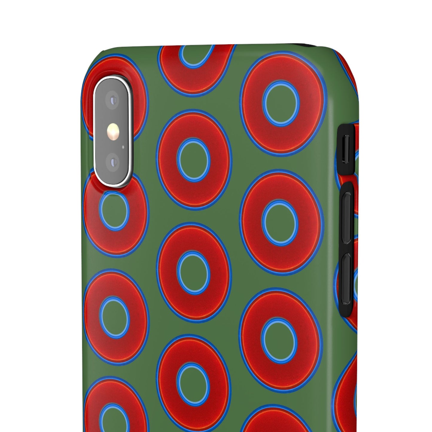 Lumpy Donut Snap Case - red vivid donut print w/dark green background