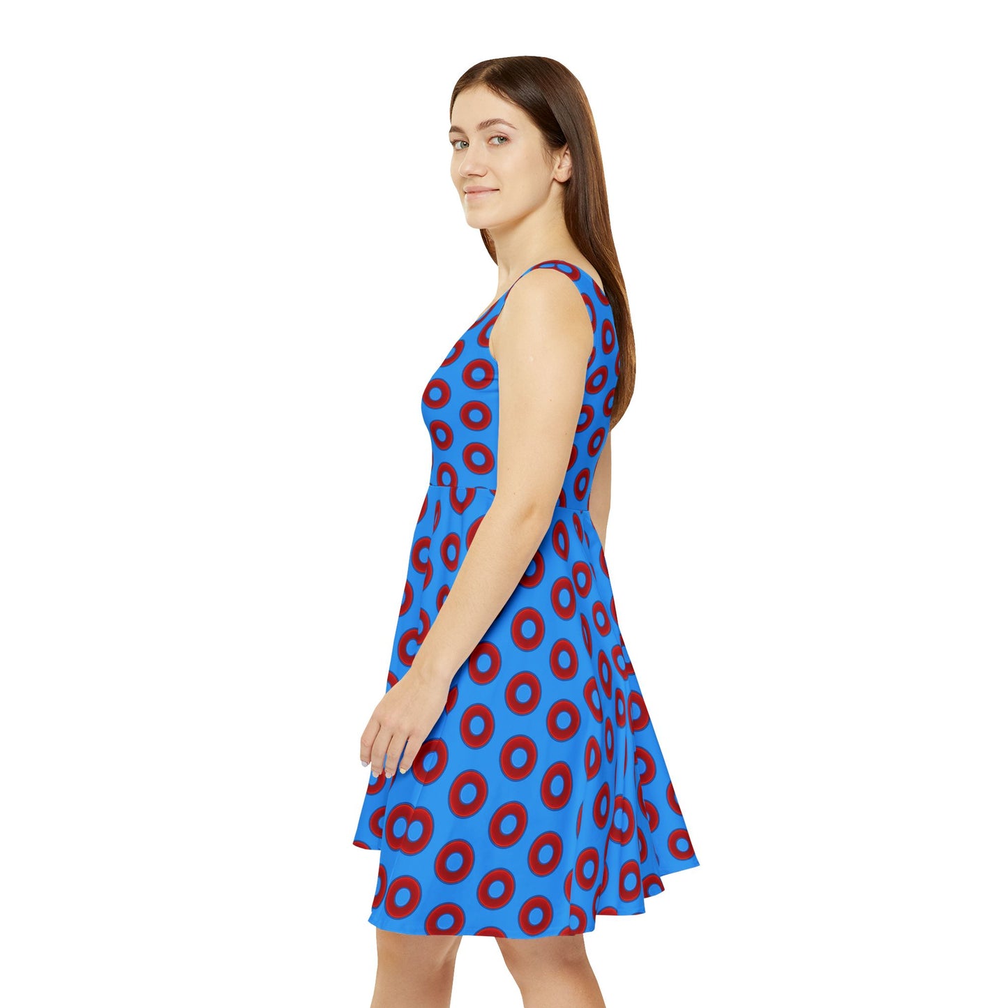 Women's Skater Donut Dress - vivid red donut print w/sky royal blue background