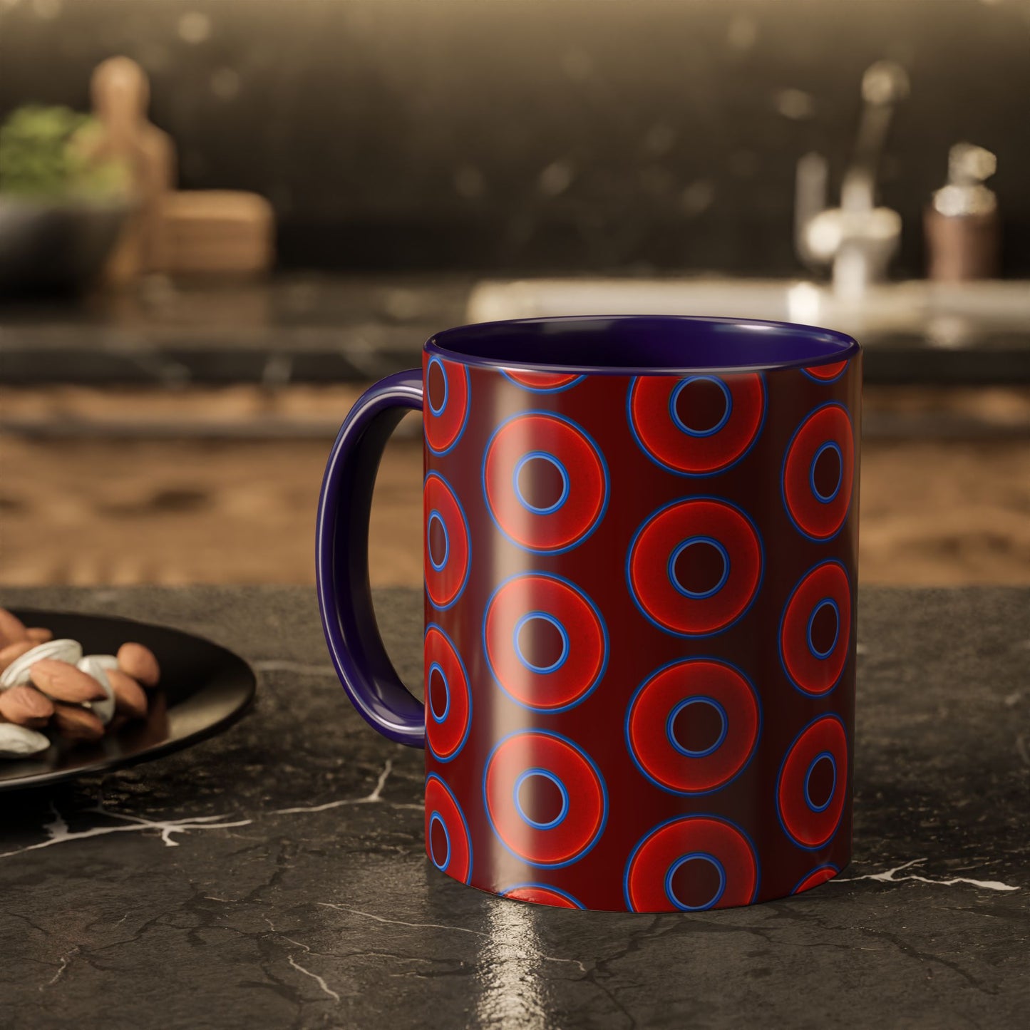 Lump's Grumpy Coffee Mug - vivid red donuts w/dark red background