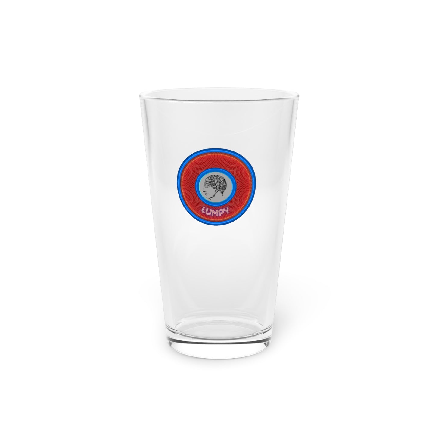 16oz Lumpy Pint Glass - "Our Lumpiest Pint Glass" - rustic red/blue donut
