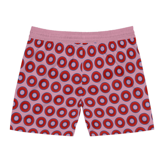 Men's Lumpy Swim Trunks - vivid red donut print w/pale magenta background