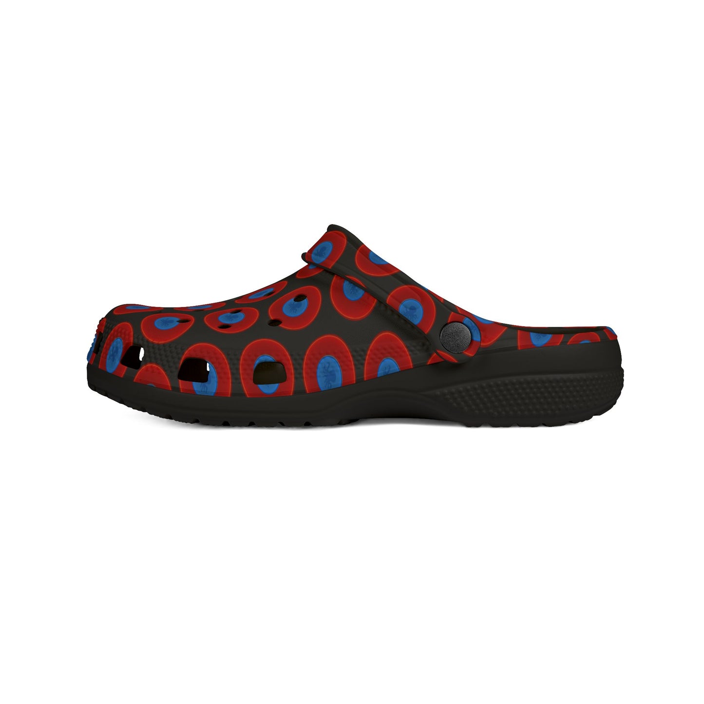 Spatchcocks - donut slip-on shoes - "Roger Moore's Octopussy Donut" - red vivid donuts w/black background [unisex]