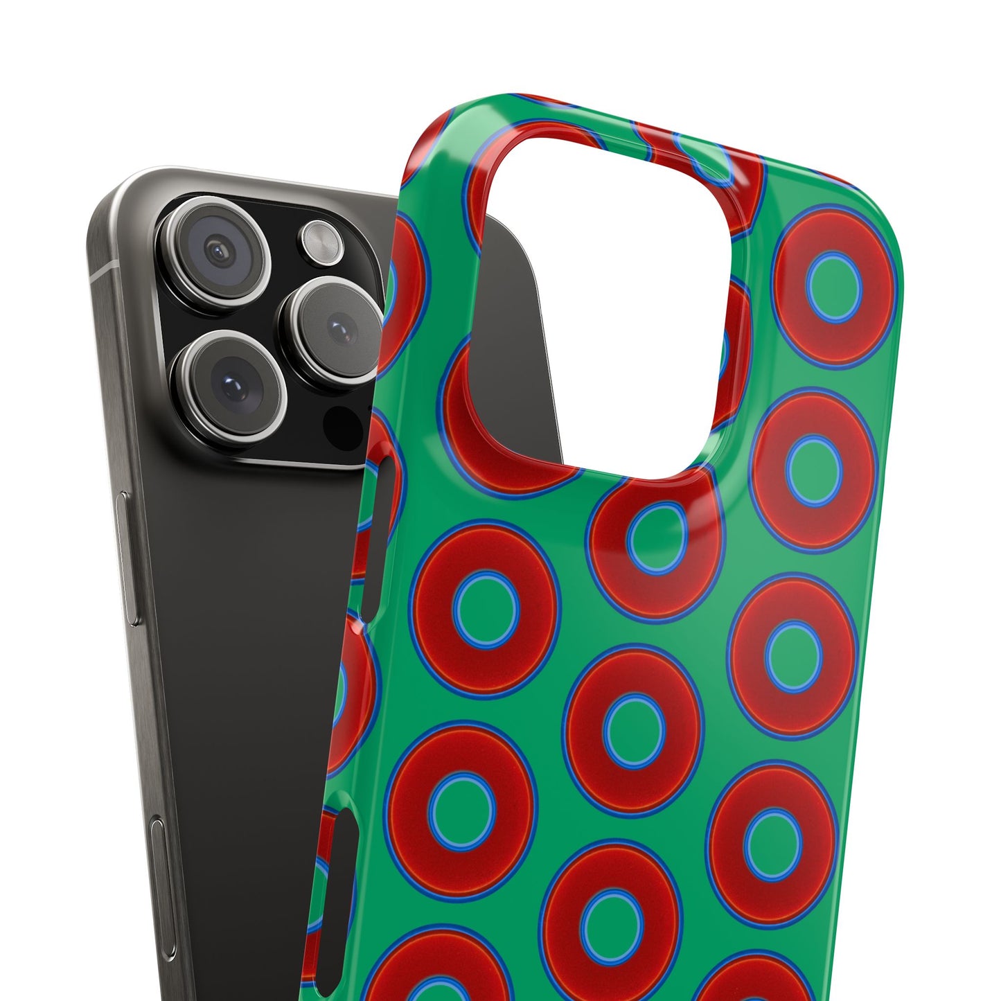 Lumpy Donut Snap Case - red vivid donut print w/jade green background