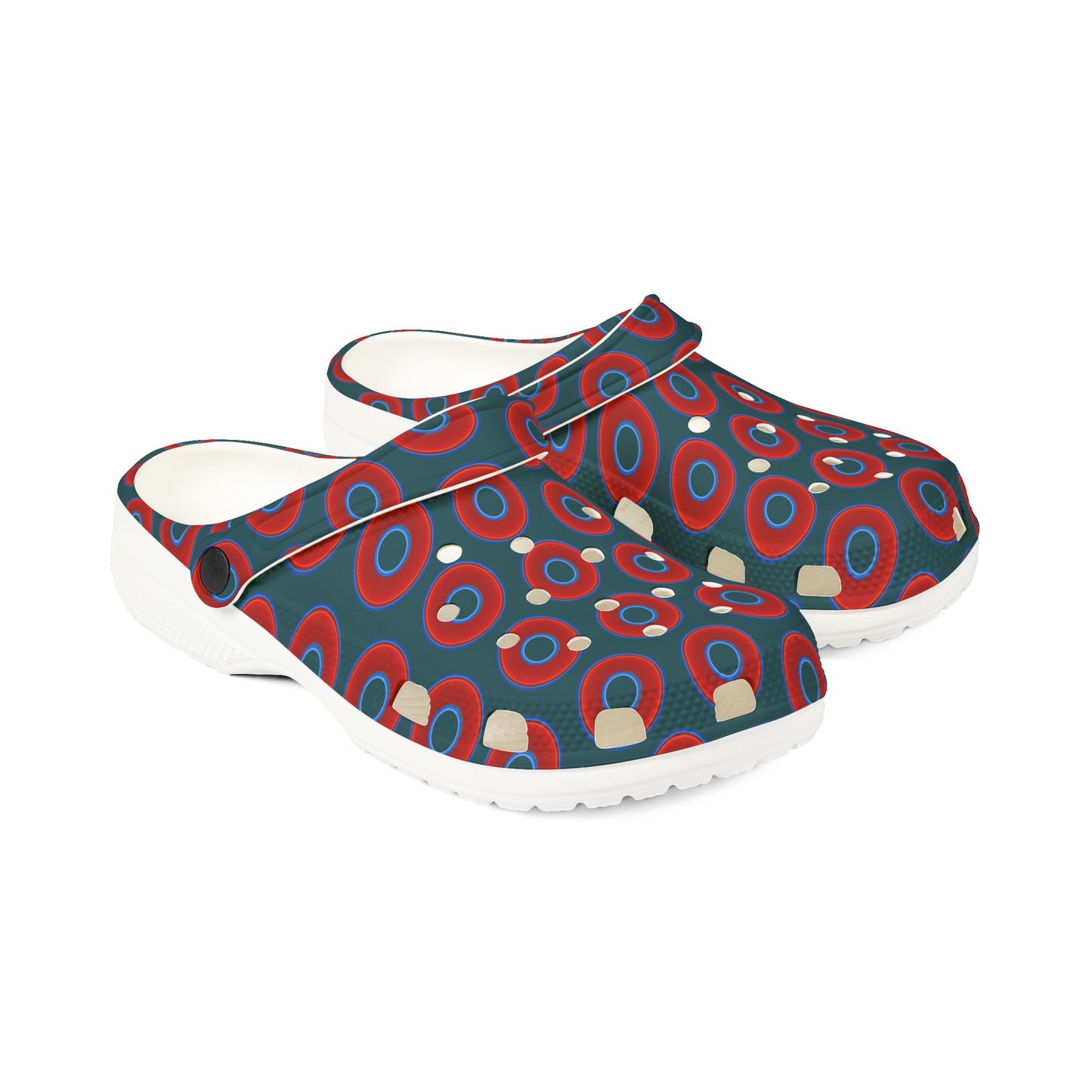 Spatchcocks - donut slip-on shoes - vivid red donuts w/midnight teal green background [unisex]