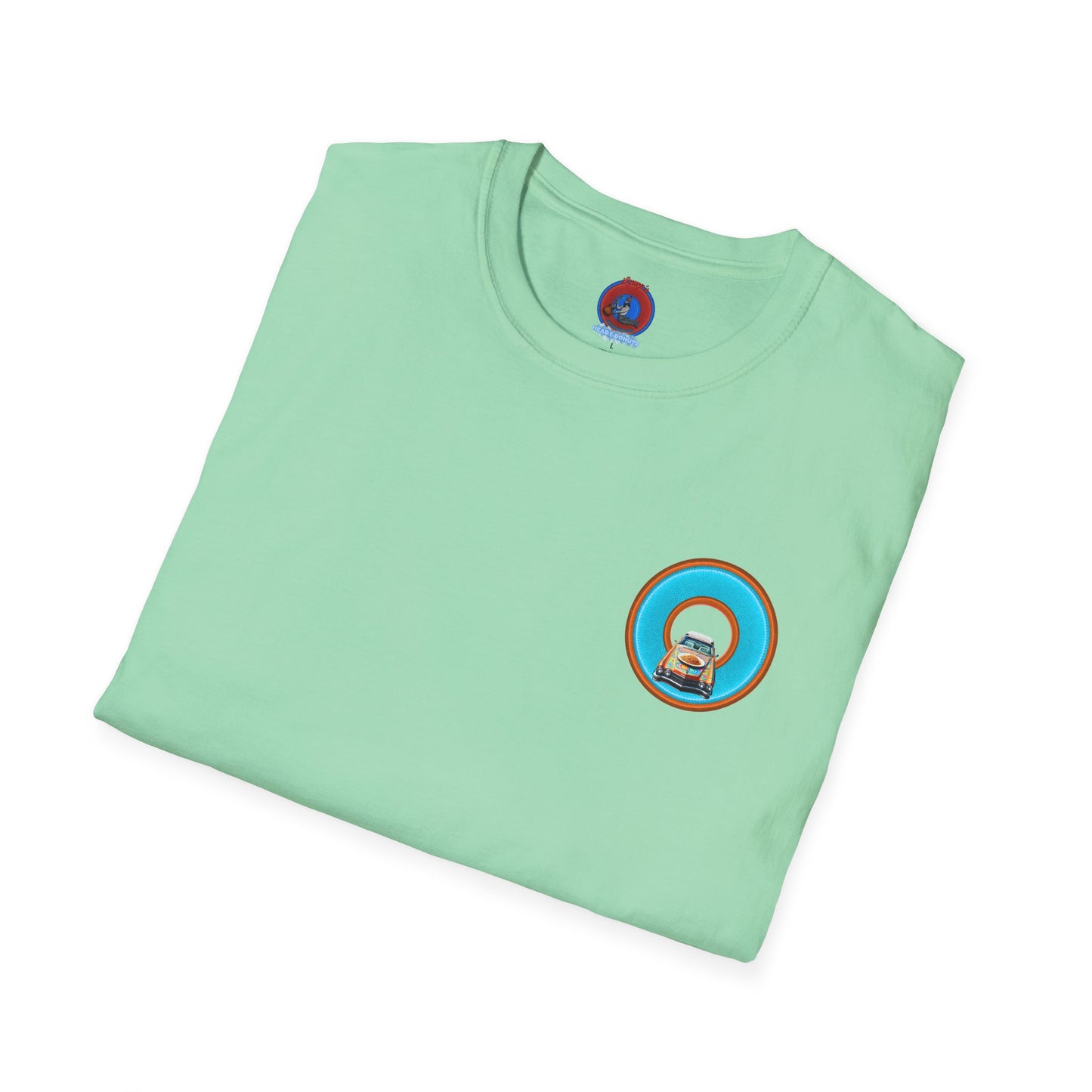 Classic Donut Tee - Unisex Soft-Style - "Cadillac Rainbow Spaghetti Incident" - series 1.0  - variant 2 - blue/orange donut